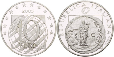 Италия 10 евро 2005 60 лет мира и свободы в Европе, античная монета KM 271 серебро PROOF 1088-5-54