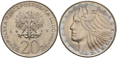 Польша 20 злотых 1975 MW, Международный год женщины KM 75, Parchimowicz 248 медно-никель UNC 69-926