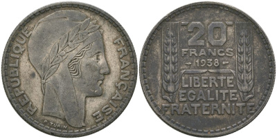Франция 20 франков 1938 Пьер Тюрен KM 879, Le Franc 400.7 серебро 107-825