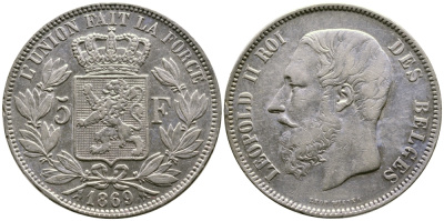 Бельгия 5 франков 1869 Леопольд II (1865-1909) KM 24  серебро 00-1067-9-61