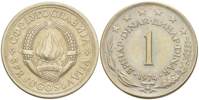 Югославия 1 динар 1974 KM 59 медь никель цинк 4523-444