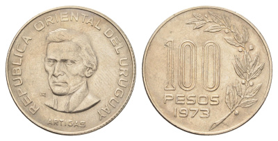 Уругвай 100 песо 1973 год-тип KM 59 медь цинк никель aUNC 4666-1253