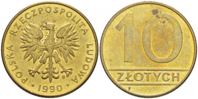 Польша 10 злотых 1990 MW, Народная Республика KM 152.2, Parchimowicz 244b латунь 4519-1025