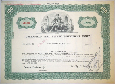 США, Greenfield Real Estate Investment Trusts 100 акций 1963 бумага 8805-50-1