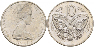 Новая Зеландия 10 центов 1978 Елизавета II (1952-2022), маска маори KM 41.1 медно-никель 212-1141