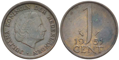 Нидерланды 1 цент 1951 Юлиана (1948-1980) КМ 180 бронза 214-1026