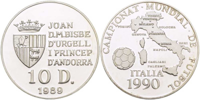 Андорра 10 динеров 1989 чемпионат мира по футболу в Италии 1990 года, карта Италии, мяч KM 60 серебро PROOF 00-00