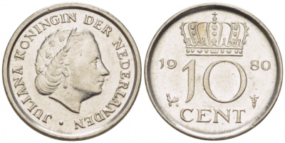 Нидерланды 10 центов 1980 Юлиана (1949-1980) KM 182 никель 3457-1129