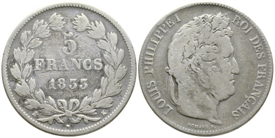Франция 5 франков 1833 K, Луи Филипп I (1830-1848) KM 749.7 серебро 1066-6-23
