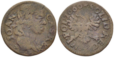 Польша 1 солид (шелаг, шиллинг) 1660 Ян II Казимир Ваза (1649-1668), боратынка, вес 1,23 гр. KM 110 медь 66-234