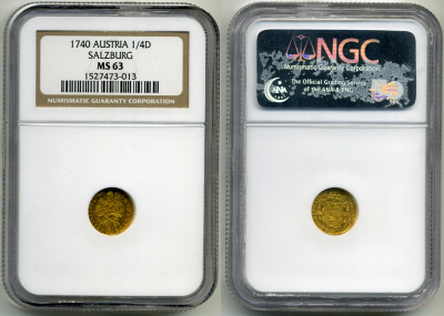Австрия, Зальцбург 1/4 дуката 1740 в слабе NGS MS 63 золото UNC 15-005-02