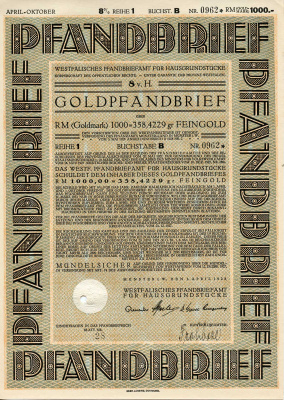 Германия 1000 золотых марок 1928 Вестфальское бюро залога жилой недвижимости, облигация   бумага   8803-134-1
