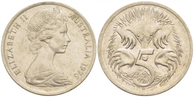 АВСТРАЛИЯ 5 ЦЕНТОВ 1975 ЕЛИЗАВЕТА II, МОЛОДОЙ ПОРТРЕТ, ЕХИДНА KM 64 медно-никель 4532-558
