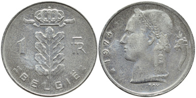 БЕЛЬГИЯ 1 ФРАНК 1974 BELGIE KM 143.1 медно-никель 4384-1155