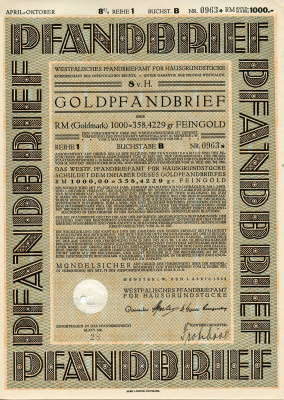 Германия 1000 золотых марок 1928 Вестфальское бюро залога жилой недвижимости, облигация   бумага   8803-136-1