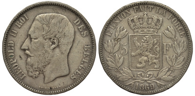 Бельгия 5 франков 1869 Леопольд II (1865-1909) KM 24 серебро    1530-1311