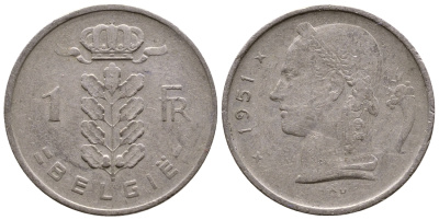 БЕЛЬГИЯ 1 ФРАНК 1951 BELGIE КМ 143.1 медно-никель 56-1145