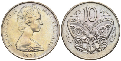 Новая Зеландия 10 центов 1970 Елизавета II (1952-2022), маска маори KM 41.1 медно-никель  UNC  4177-1142