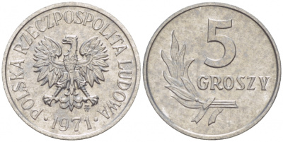 ПОЛЬША 5 ГРОШЕЙ 1971 MW KM А46 алюминий UNC 214-757
