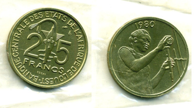 Западно-Африканские штаты 25 франков 1980 пробник, ESSAI, в оригинальной упаковке КМ E9 алюминиевая бронза UNC 5010-244