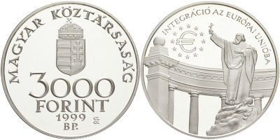 Венгрия 3000 форинтов 1999 интеграция в Европейский Союз KM 735 серебро PROOF 11-252-22