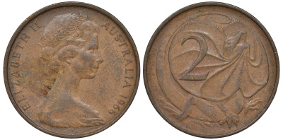 Австралия 2 цента 1966 Елизавета II (1952-), плащеносная ящерица KM 63 бронза 4556-1026