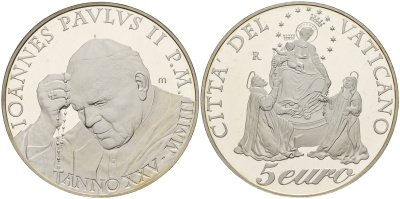 Ватикан 5 евро 2003 R, молитвенный год, в оригинальной коробке с сертификатом KM 354 серебро PROOF 2-4-2-27