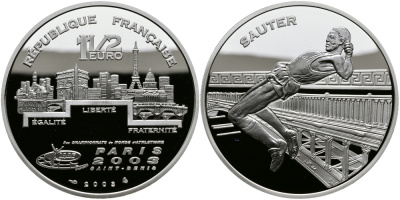 Франция 1 1/2 евро 2003 Чемпионат мира по лёгкой атлетике 2003 года в Сен-Дени, прыжки в высоту KM 1997 серебро PROOF 1095-3-23