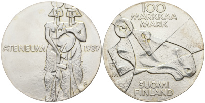 Финляндия 100 марок 1989 Центральный художественный музей Атенеум, лось KM 75 серебро UNC 1523-643