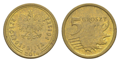 Польша 5 грошей 2014 Y 925 сталь плакированная латунью 4625-417