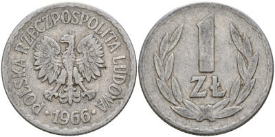 Польша 1 злотый 1966 MW KM 49.1 алюминий    4187-357
