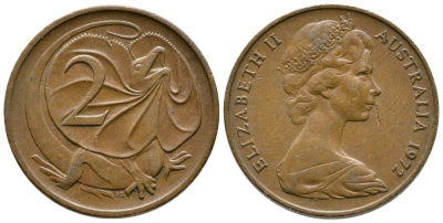 АВСТРАЛИЯ 2 ЦЕНТА 1972 ЕЛИЗАВЕТА II, МОЛОДОЙ ПОРТРЕТ, ПЛАЩЕНОСНАЯ ЯЩЕРИЦА (FRILLED LIZARD) KM 63 бронза 84-415