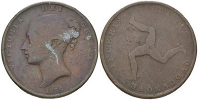 Остров Мэн 1 пенни 1839 Виктория KM 14 медь 111-641