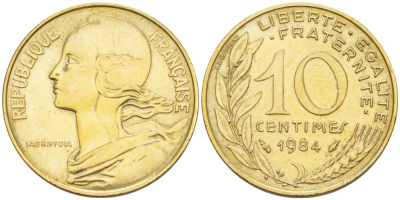 ФРАНЦИЯ 10 САНТИМОВ 1984 ТИП MARIANNE KM 929 медь алюминий никель 110-132