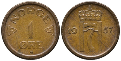 НОРВЕГИЯ 1 ЭРЕ 1957 ХОКОН VII (1905-1957) KM 398 бронза 66-142