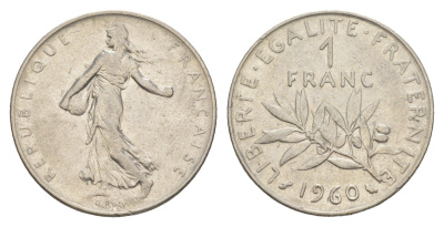 Франция 1 франк 1960 сеятель KM 925, Le Franc 226.5 никель 4650-452
