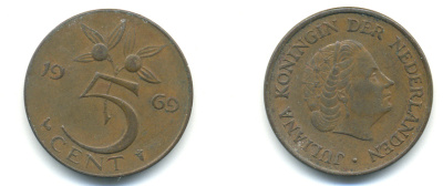 Нидерланды 5 центов 1969 Юлиана (1948-1980) KM 181 бронза 83-851