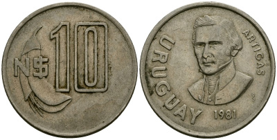 Уругвай 10 песо 1981 Хосе Хервасио Артигас KM 79, Schoen  55 медно-никель 4111-645
