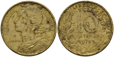 Франция 10 сантимов 1970 KM 929 алюминиевая бронза 4154-1067