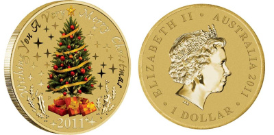 Австралия 1 доллар 2011 с Новым годом, с Рождеством, елка, эмаль KM 1589 алюминиевая бронза UNC M40-02