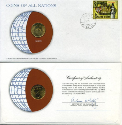 Венгрия 2 форинта 1978 ВР конверт с маркой первого дня гашения, Coins of Nations KM 591 латунь UNC 4294-23-1
