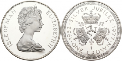 Остров Мэн 1 крона 1977 Серебряный юбилей правления королевы Елизаветы II, три короны KM 41a серебро PROOF 02-035-42