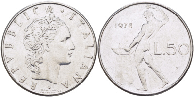 ИТАЛИЯ 50 ЛИР 1978 R, КУЗНЕЦ KM 95.1 нержавеющая сталь 89-1333