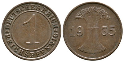 Германия 1 рейхспфенниг 1935 A KM 37, J. 313 бронза 4380-1267