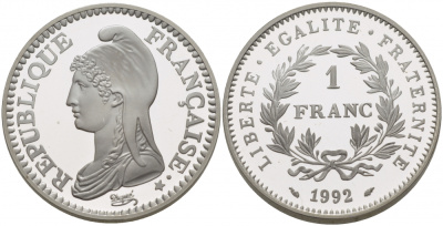 Франция 1 франк 1992 200 лет Французской республике KM 1005 серебро PROOF 1099-2-25
