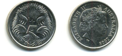 АВСТРАЛИЯ 5 ЦЕНТОВ 2007 ЕЛИЗАВЕТА II, ТРЕТИЙ ПОРТРЕТ, ЕХИДНА KM 401 медно-никель 46-2317