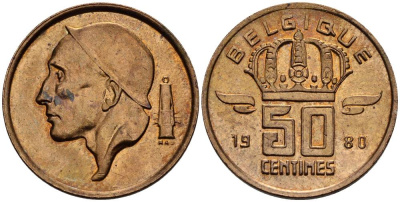 БЕЛЬГИЯ 50 САНТИМОВ 1980 BELGIQUE KM 148.1 бронза 4528-931