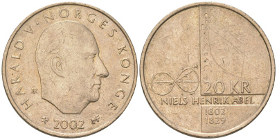 Норвегия 20 крон 2002 200 лет со дня рождения Нильса Хенрика Абеля, Харальд V (1991-) KM 471 никель латунь 4131-111