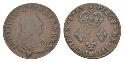 Франция 4 денье 1707 BB, Людовик XIV (1643-1715) KM 310 медь 443-1622