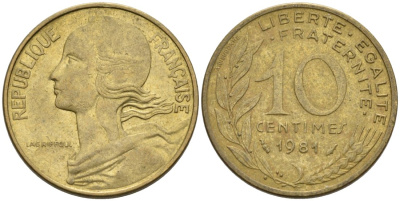 ФРАНЦИЯ 10 САНТИМОВ 1981 ТИП MARIANNE KM 929, LE FRANC 144.21 медь алюминий никель 4573-1026